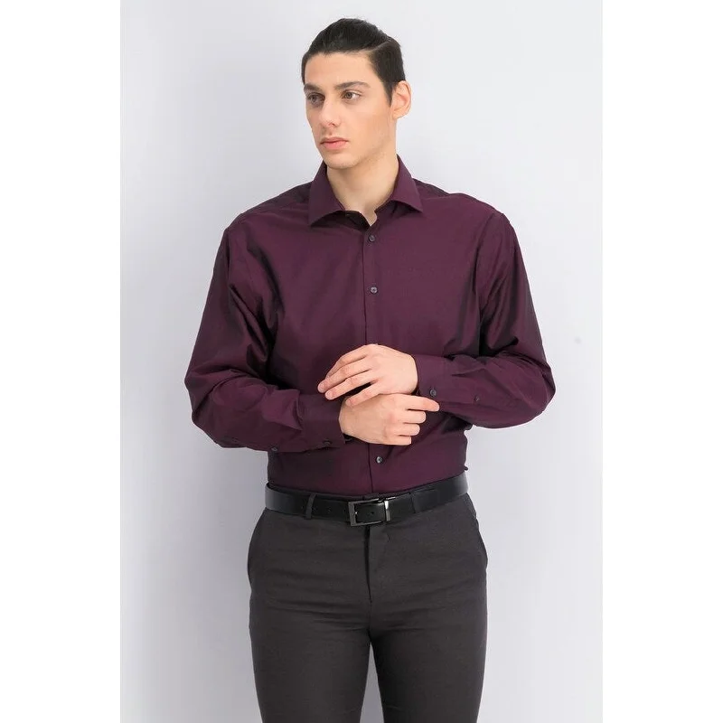 Calvin Klein Men's Classic-Fit Non-Iron Performance Herringbone Spread Collar Dress Shirt Dark Wine Size 15.5x34-35