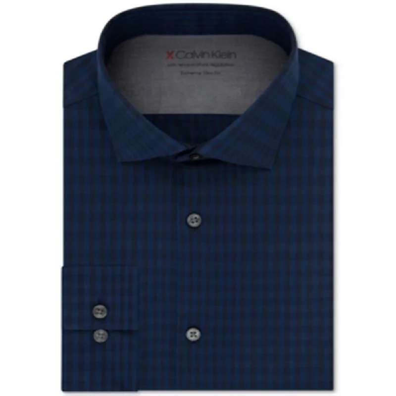 Calvin Klein Men's Collared Check Print Button Down Shirt Blue Size 14.5 x32-33 - 14.5X32-33