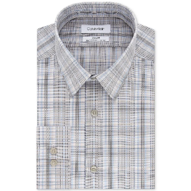 Calvin Klein Men's Slim-Fit Stretch Performance Plaid Dress Shirt Beige Size 32-33