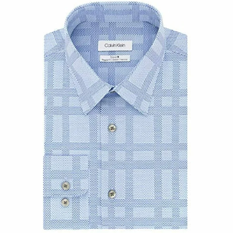 Calvin Klein Men's Steel Classic/Regular Fit Non-Iron Performance Stretch Check Dress Shirt Med Blue Size 32-33