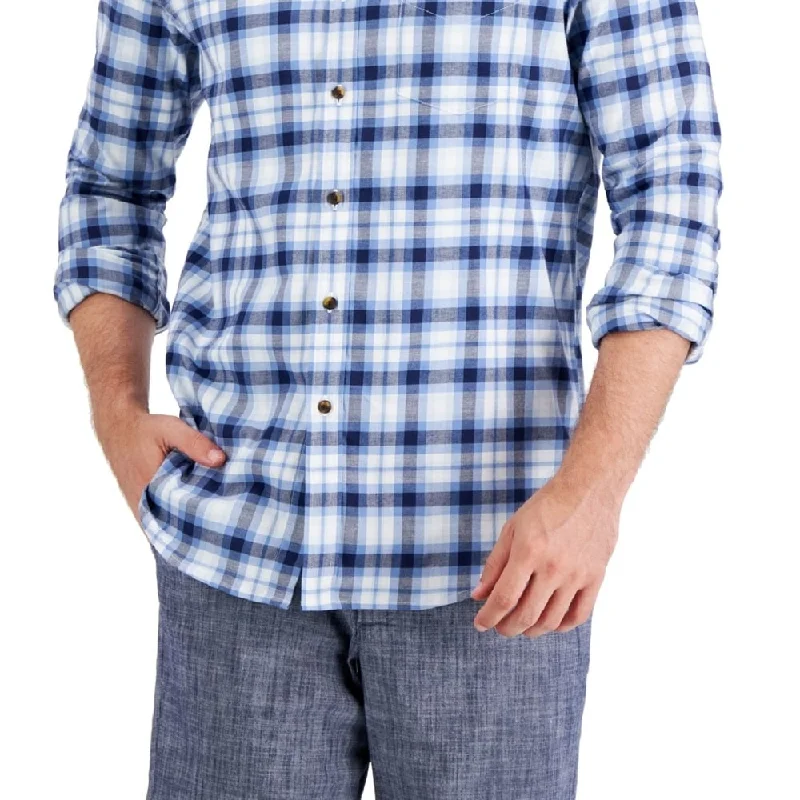 Club Room Men's Regular Fit Brushed Plaid Shirt Blue Size Small