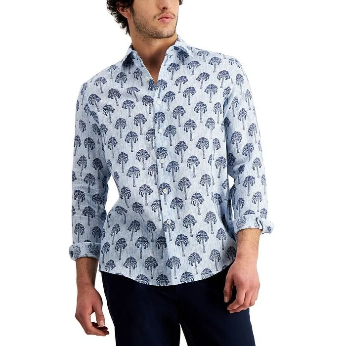 Club Room Men's Regular Fit Palm Tree Print Linen Shirt Blue Size XX-Large