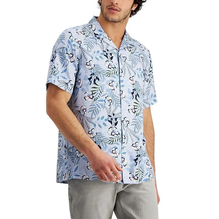 Club Room Men's Regular Fit Tropical Print Camp Shirt Blue Size Small