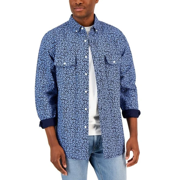 Club Room Men's Simple Floral Print Double Faced Woven Long Sleeve Shirt Blue Size Medium