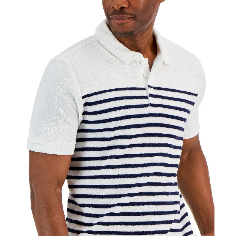 Club Room Men's Slim Reverse Terry Stripe Print Polo Shirt White Size Large