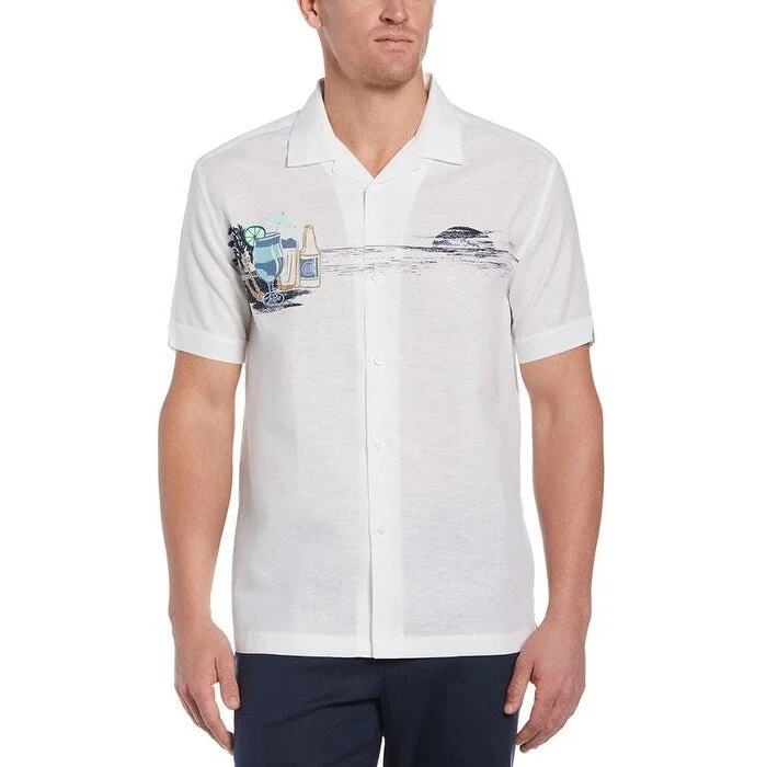 Cubavera Men's Textured Scenic Print Camp Shirt White Size Large