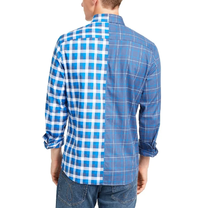 Dkny Men's Button Front Plaid Print Pocket Shirt Blue Size Small