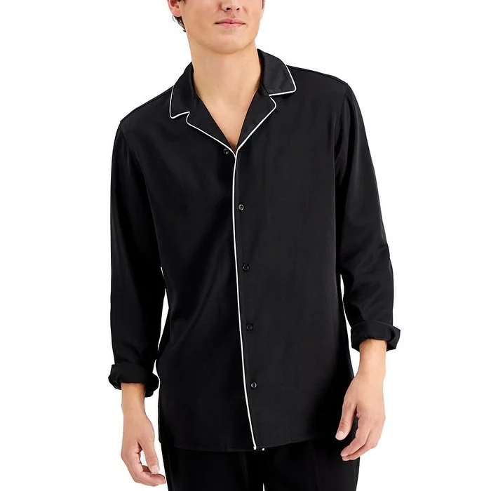 INC International Concepts Men's Regular Fit Contrast Piped Camp Shirt Black Size X-Small