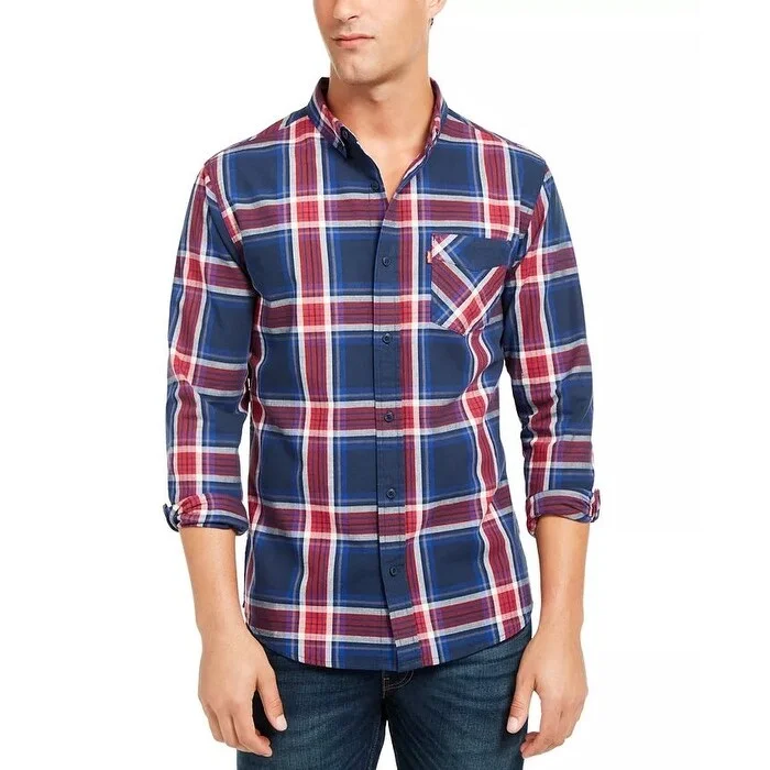 Levi's Men's Large Plaid Button-Down Shirt Med Blue Size Medium