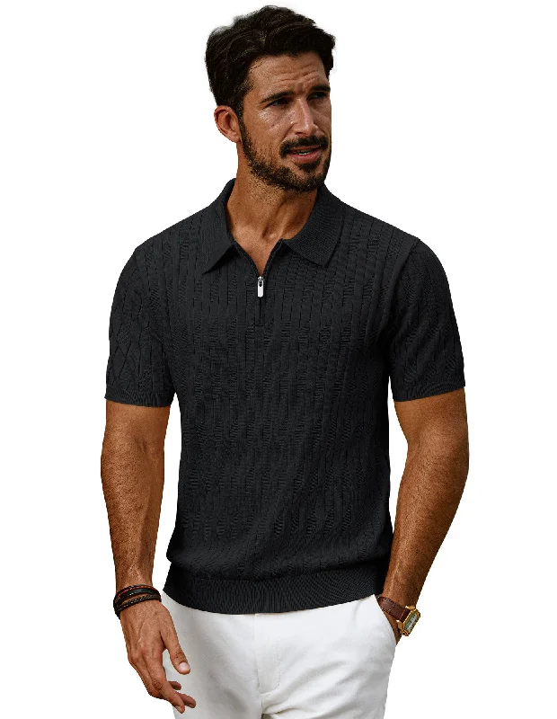 Men Textured Knitted Polo-Shirt Short Sleeve Lapel Collar Zip-up Neck Tops