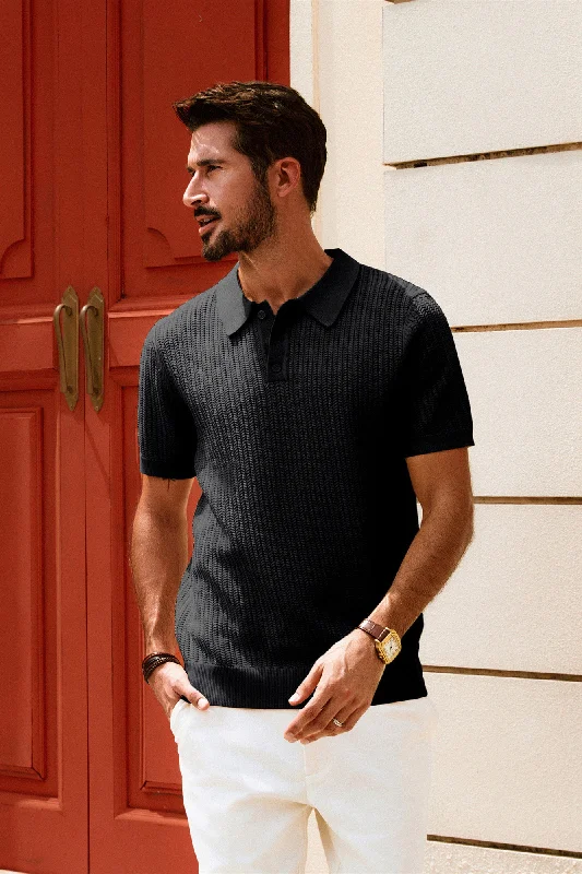 Men Wheatear Textured Polo-Shirt Short Sleeve Lapel Collar Knitwear Tops