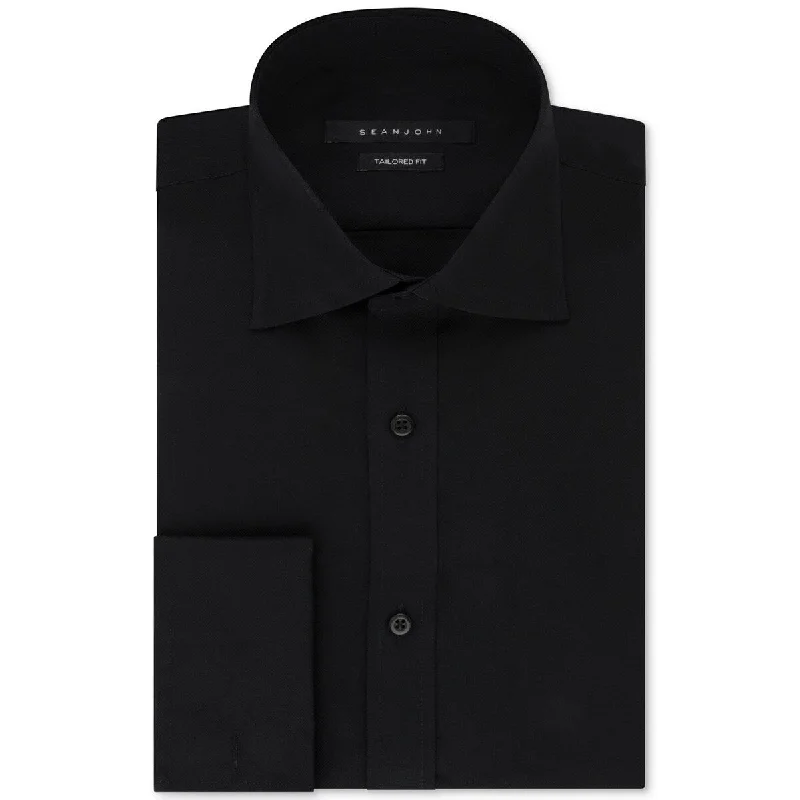 Sean John Men's Classic Fit White Solid French Cuff Cotton Dress Shirt Black Size 36-37