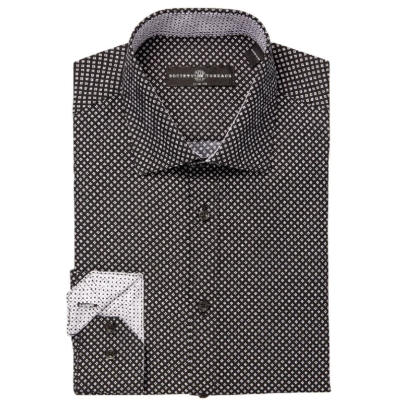 Society Of Threads Men's Diamond-Print Performance Slim-Fit Dress Shirt Black Size 2 Extra Large - XX-Large