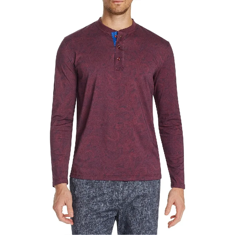 Tallia Men's Slim Fit Mercerized Paisley Long Sleeve Henley Dark Red Size Large