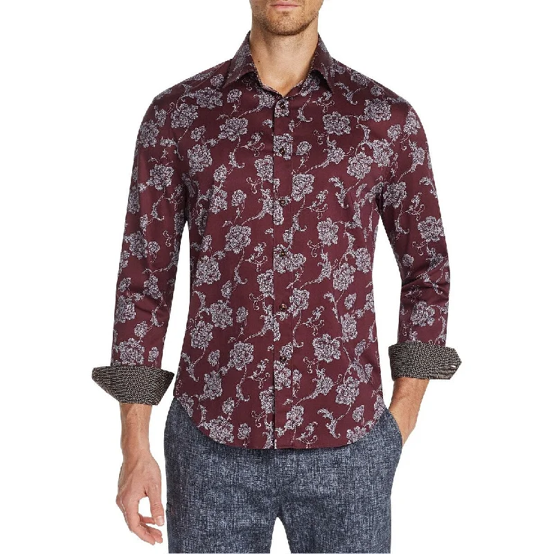 Tallia Men's Slim-Fit Stretch Floral Long Sleeve Shirt Burgundy Size Small