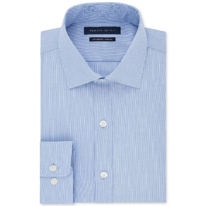 Tommy Hilfiger Men's Athletic Fit Performance Stretch TH Flex Collar Fineline Stripe Dress Shirt Blue Size 32X33