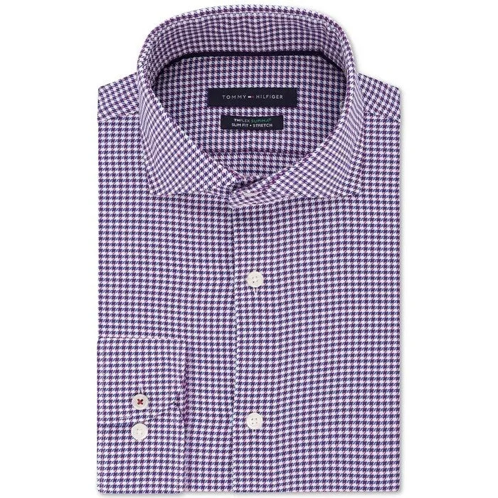 Tommy Hilfiger Men's Slim-Fit Non-Iron Thflex Supima Performance Stretch Check Dress Shirt Purple Size 14.5X32-33