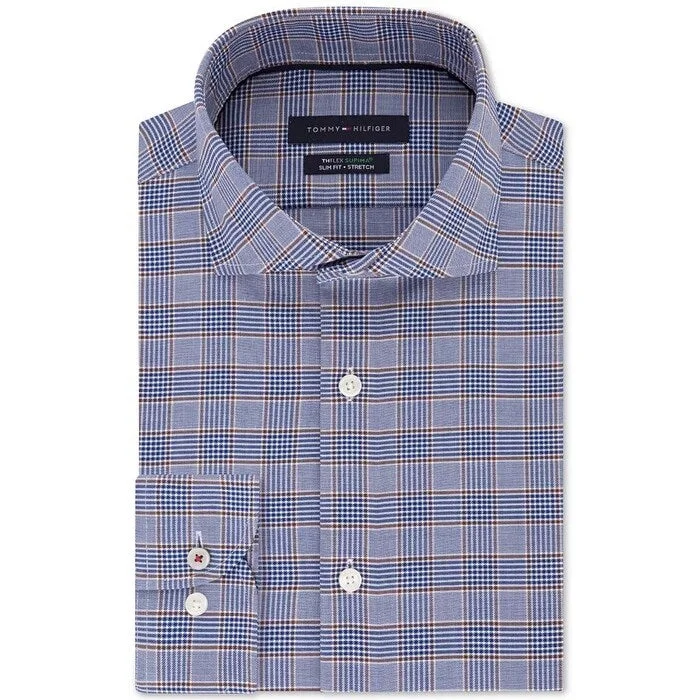 Tommy Hilfiger Men's Slim-Fit Non-Iron Thflex Supima Performance Stretch Glen Check Dress Shirt Brown Size 17.5X32-33