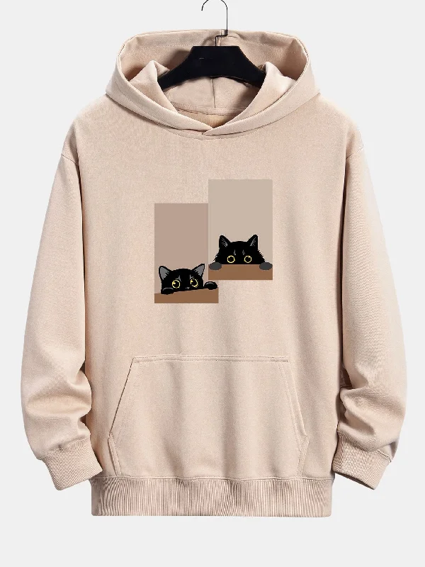 Black Cat Staring Print Relax Fit Hoodie