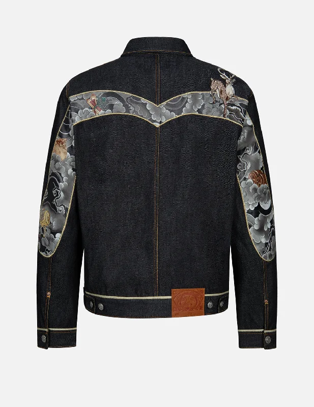 Deer Embroidery with Treasure Daicock Print Regular Fit Denim Jacket