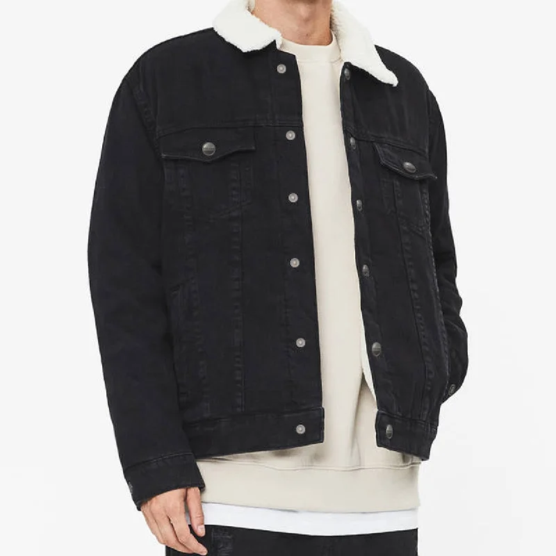 Black Denim Jacket With White Sherpa