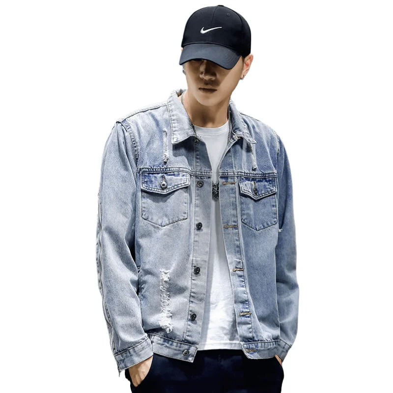 Embroidery Denim Jacket Newest Slim Fit Men's Ripped Jean Coats