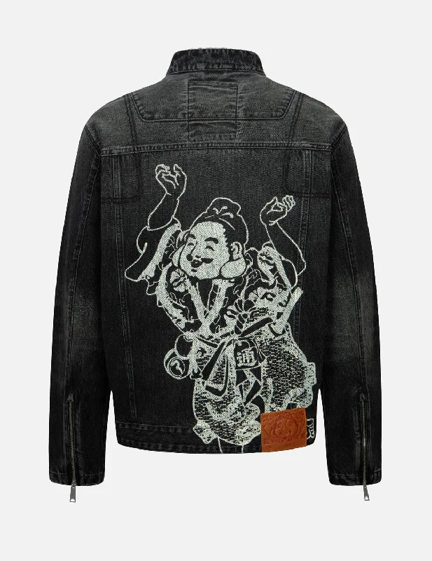 Godhead Print Relax Fit Biker Denim Jacket