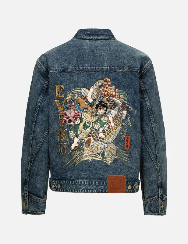 Kamon and Seagull Brocade Appliqué with Carp Embrodiery Relax Fit Denim Jacket