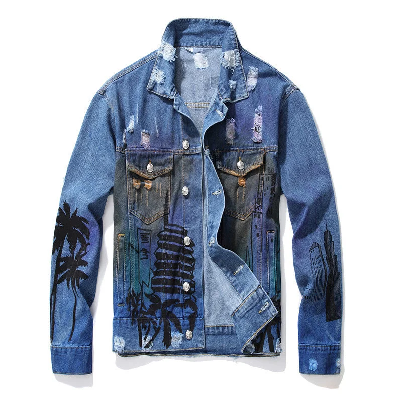 Newest Slim Fit Men's Ripped Denim Streetwear Jacket Printed