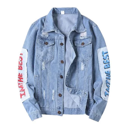 Patch Printed Men's Ripped Denim Jacket Jean Trucker Jacket