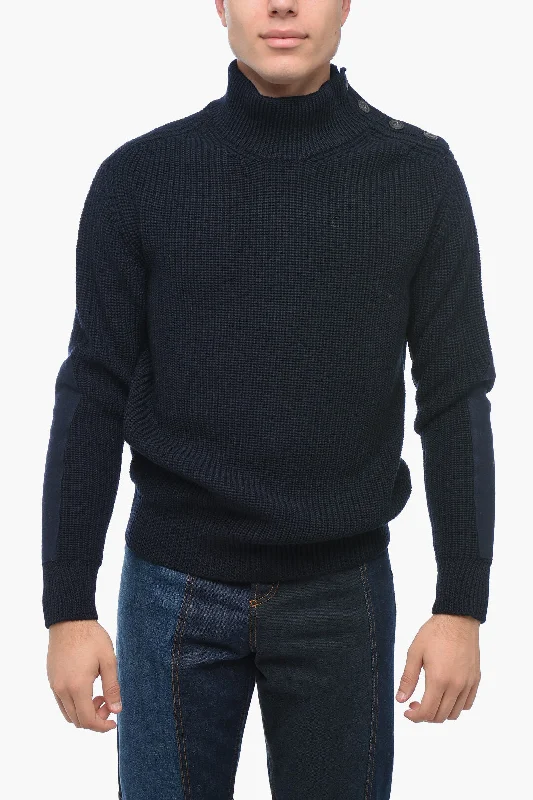 Altea Wool Blend Pullover with Buttoned Neck and Cloth Patches