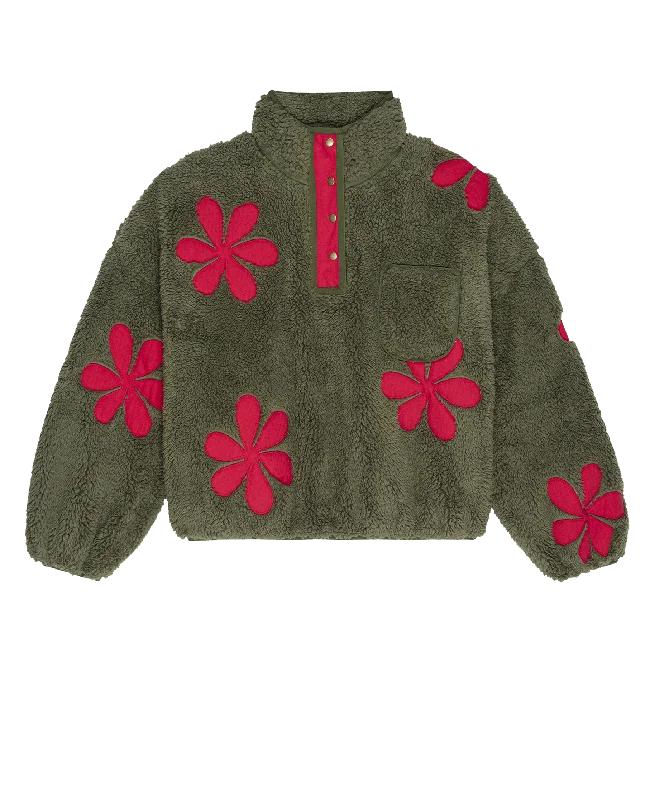 The Patch Pocket Countryside Pullover with Daisy Applique. -- Army with Hot Red