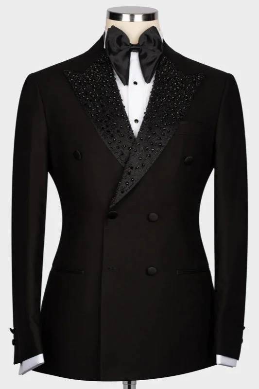 Black Double Breasted Two Piece Wedding Suits With Sequins Peaked Lapel Formal Business Suit Wedding Groom Prom Dinner Party