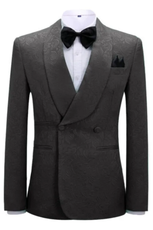 Black Floarl Jacquard Double Breasted Wedding Suits TwoPiece Tuxedos with Shawl Lapel