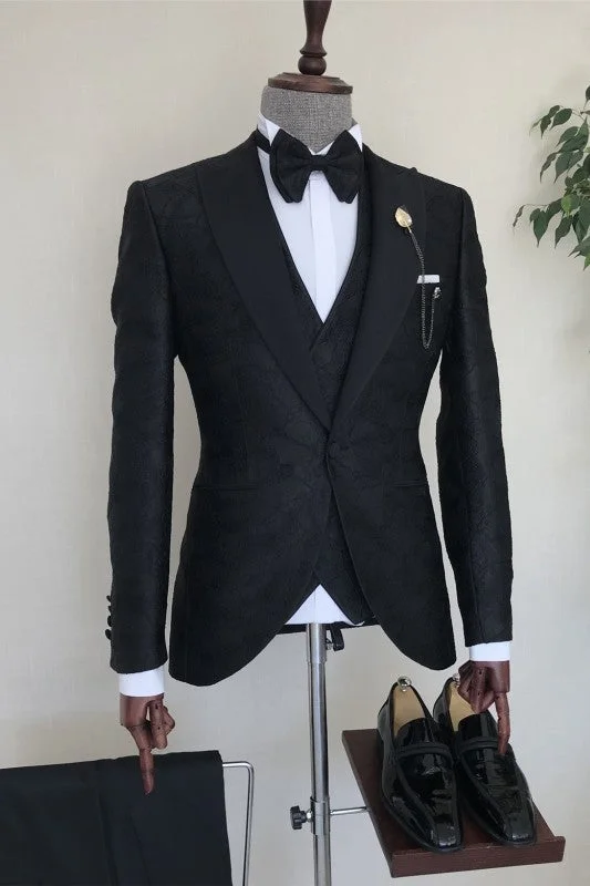 Black Jacquard Peaked Lapel Three Pieces Prom Suits One Button Slim Fit Formal Business Suit Wedding Groom Dinner Party Tuxedo