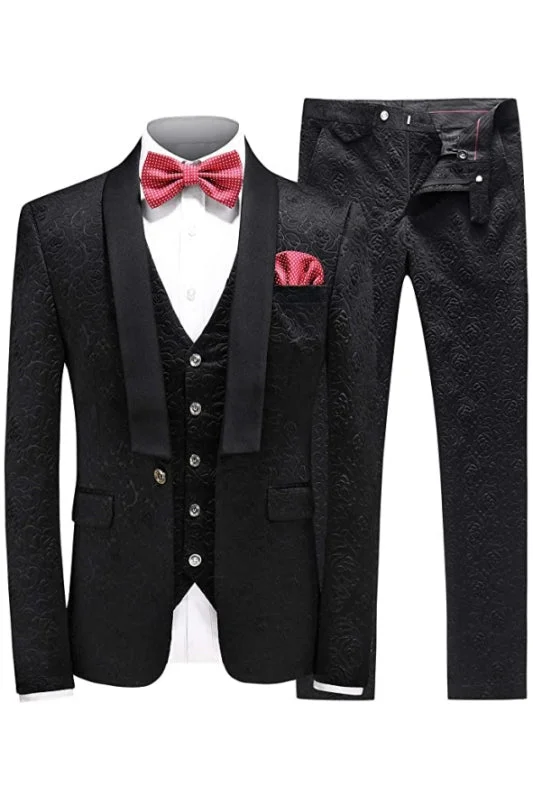 Black Shawl Lapel Three Pieces Floral Jacquard Wedding Suits Wedding Party Groom Blazer Vest Pants