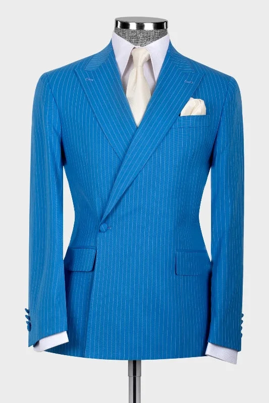 Blue Striped Peaked Lapel Custom Prom Suits Two Piece Modern Mens Wedding Suits