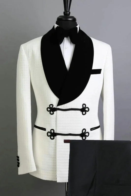 Bridelily White Shawl Lapel Two Pieces Jacquard Wedding Suits Slim Fit Tuxedo Suits for Men