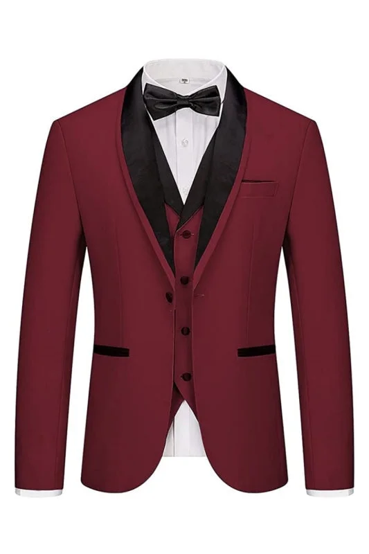 Burgundy Shawl Lapel Three Pieces Wedding Suits Slim Fit One Button Wedding Party Suits