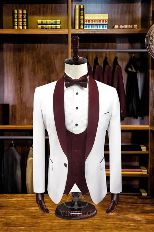 Burgundy Shawl Lapel Three Pieces Wedding Suits Tuxedo Suits Wedding Groom Prom Tuxedo Dinner Party