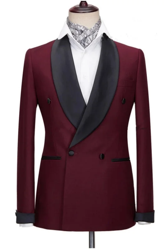 Burgundy Slim Fit Two Pieces Tuxedos Black Shawl Lapel Wedding Suits Blazer Party Singer Groom Costume Made