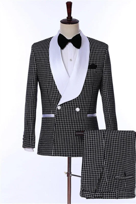 Chic Black Double Breasted Plaid Wedding Suits Shawl Lapel Two Piece Blazer Pants