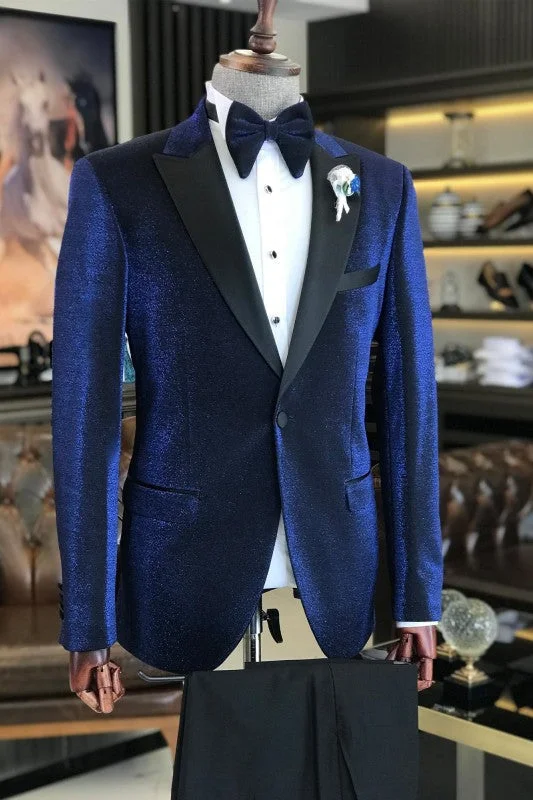 Chic Deep Blue Peaked Lapel Two Piece Prom Suits For Men One Button Wedding Suits