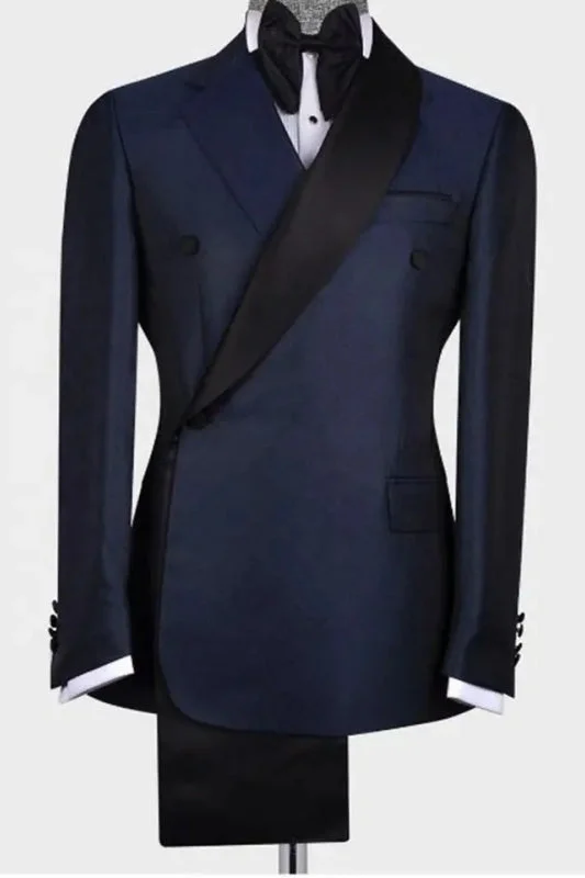 Chic Navy Blue Shawl Lapel Two Pieces Wedding Suits Party Groom Blazer Pants