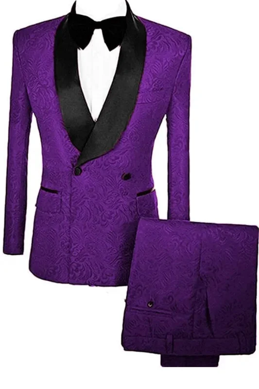 Chic Purple Double Breasted Floral Jacquard Wedding Suits Velvet Lapel Slim Fit Two Piece Wedding Groom Suts