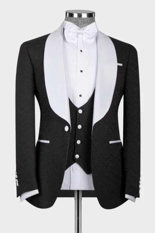 Classic Black Three Pieces Wedding Suits White Shawl Lapel Slim Fit Blazer Vest Pants