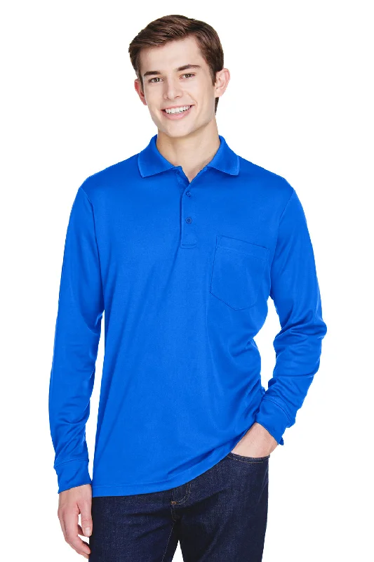 Core 365 Mens Pinnacle Performance Moisture Wicking Long Sleeve Polo Shirt w/ Pocket - True Royal Blue