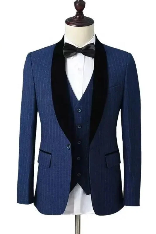 Dark Blue Shawl Lapel Three Pieces Striped Wedding Suits Formal Business Suit Wedding Groom Prom Tuxedo