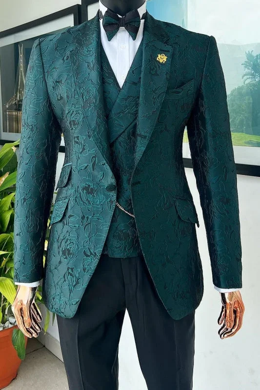 Dark Green Floral Jacquard Notched Lapel Three Pieces Prom Suits Wedding Men Suit Best Men Tuxedos