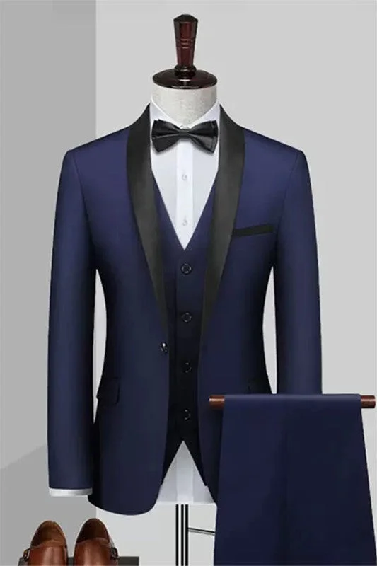 Deep Blue Three Pieces Slim Fit Wedding Suits Shawl Lapel Formal Business Suit Wedding Groom